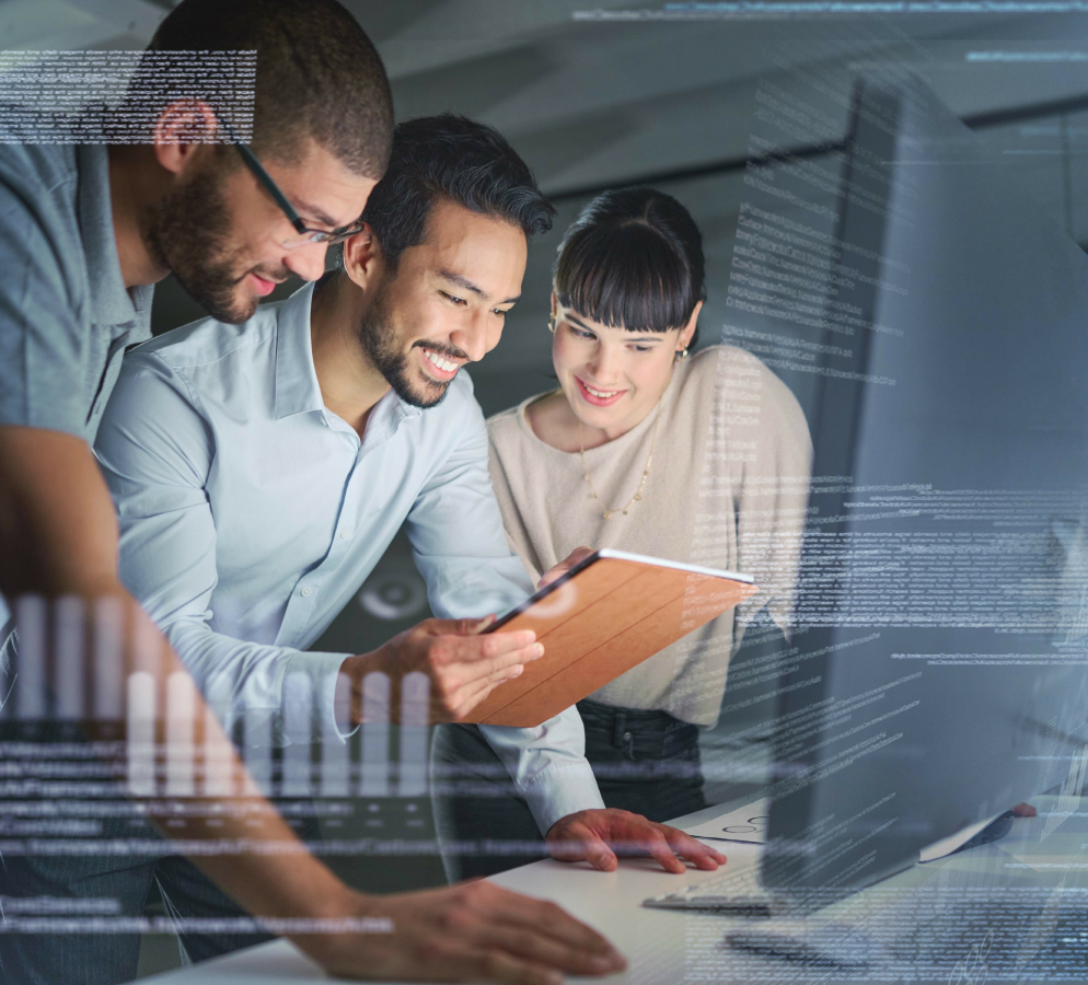 business-people-coding-information-technology-with-computer-screen-tablet-programming-software-development-code-overlay-futuristic-collaboration-meeting-with-